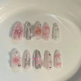 Popxstar 10Pcs Pink Almond Handmade Press on Nails Bow Fake Nails with Rhinestone Decoration Wearable Stick-on Nails False Nail 네일팁