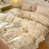 Popxstar  4Pcs Vintage French Fresh Floral Lace Ruffles 100% Cotton Bedding Set Duvet Cover Bed Skirt/Bed Sheet/Fitted Sheet Pillowcases