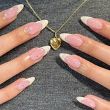 popxstar French White Tips Almond False Nails Y2K Black Star Designs Charm Fake Nail Full Cover Ballet Press on Nails Artificial Manicure