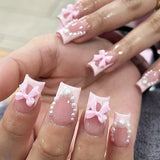 Popxstar 24Pcs Pure White French Press on Nails Long Square Head False Nails with Pearl Pink Bow Design Ballet Wearable Fake Nails