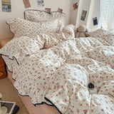 Popxstar Korean Style Floral Ruffles Knitted Double Yarn Bedding Set Double King Queen Size Duvet Cover Flat/Fitted Bed Sheet Pillowcases