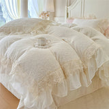 Popxstar  Romantic Lace Ruffles Princess Style Bedding Set Carved Velvet Warm Winter Duvet Cover Flat/Fitted Bed Sheet Pillowcases 4Pcs