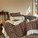Popxstar  Vintage Plaid Flowers Lace Ruffles Bedding Set 100% Cotton Double Layer Yarn Duvet Cover Flat/Fitted Bed Sheet Pillowcases 4Pcs