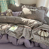 4Pcs Bedding Set Euro Princess Bedding Duvet Cover Cotton 100% Lace Bow Bed Linen With Ruffles Double Bed Lace Pillowcase