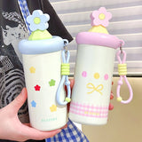 650ml Portable Insulated Steel Water Cup for Girls with Straw And Printed Handle High-Aesthetic Portable Drinkware