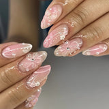 Popxstar 24pcs White Flower Fake Nail Tips Ins Yellow Pink Blush False Nails Wearable Full Cover European Almond Shaped Press on Nails