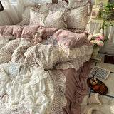 Popxstar 3/4Pcs Korean Princess Style Floral Ruffles Bedding Set Skin-friendly Soft Duvet Cover Set Bed Sheet Or Bed Skirt Pillowcases