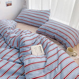Popxstar  Simple Style Red And Blue Strip Duvet Cover Set Bed Sheet Set Washed Cotton Bedding Set