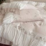 Flowers Embroidery Pleated Ruffles Bedding Set Double Layer Crepe Yarn 100% Cotton Duvet Cover Flat/Fitted Sheet Pillowcase 4Pcs