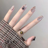 popxstar 10Pcs Nude Color Handmade Press On Nails Black Dot Bowknot Designs Short Square Fake Nails Shiny Cat' Eyes Wearable False Nails