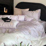 Popxstar  600TC Lyocell Bamboo Fiber Soft Silky Bedding Set Pink Flowers Embroidery Duvet Cover Flat/Fitted Bed Sheet Pillowcases 3/4Pcs