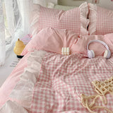 Popxstar Korean Princess Style Lattice Double Layer Lace Bedding Set Soft Quilt Cover Plaid Style Duvet Covers Set Bed Sheet Pillowcases