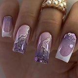 Popxstar 24Pcs Short Purple False Nails Leaf with French Design Gold Foil Wearable Fake Nails Coffin Ballet Full Cover Press on Nail Tips