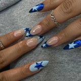 popxstar 24pcs/set Almond Pink False Nail Blue Stars Design Fake Fingernails Wearable Artificial Acrylic Full Cover Press On Nail Tips
