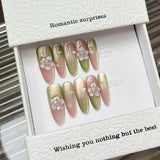 Popxstar  Gradient Pink/Green Fake Nails 10Pcs Handmade Press On Nails 3D Flower Designs Long Almond False Nails Patches for Manicure
