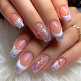 Popxstar 24pcs Glitter Short Square Fake Nails Sets Rhinestones French Design False Nail Tips Reusable Pink Press on Nails Tips Manicure