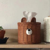 Popxstar  Handmade Rattan Weave Tissue Box Cute Little Bear Tissue Case Desktop Napkin Holder Roll Tissue Case A Living Room Decorations