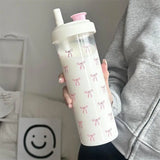 500/850ML Pink Bow Straw Water Bottle With Lid Cute Coffee Bubble Milk Tea Plastic Cup For Outdoor School Drinking Water Bottles
