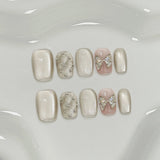 10pcs Crystal Cat Eye False Nails Colorful Mini Flower Fake Nails with Butterfly Design Elegant Press on Nails Short Square Nail