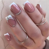 Popxstar  French Fake Nails Stick-on Long Ballet Pink False Nails with Rhinestone Designs Full Cover Acrylic Press on Nails for Women Girl