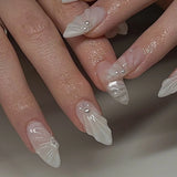 Popxstar 24pcs White French Fake Nails Almond 3D Pink Bow Flower Design Reusable Press on False Nails Butterfly Pearl Wearable Manicure