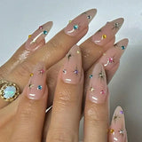 Popxstar  24Pcs Almond False Nails Cute Strawberries with French Design Simple White Wearable Fake Nails Decoration Press on Nail Tips Art