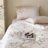 Popxstar  Flowers Embroidery Luxury Bedding Set 600TC Lyocell Bamboo Fiber Soft Silky Duvet Cover Flat/Fitted Bed Sheet Pillowcases 4Pcs