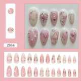 Popxstar 24pcs Sweet False Nail Patches Detachable Fake Nail Tips With Bowknots Love Heart Pearl Design Pink Almond Korean Press On Nail