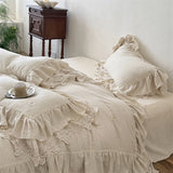 Popxstar  20% Linen And 80% Cotton Double Layer Lace Ruffles Vintage French Bedding Set Duvet Cover Flat/Fitted Bed Sheet Pillowcases 4Pcs