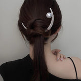 Popxstar Woman Silver Metal Big Pearl Half-moon Hairpin Simplicity Hairclips Lady Retro U Shape Hairpin Ladies Hair Accessories Headwear