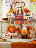 Popxstar Fall Harvest Wooden Tiered Tray Decor Set -  Farmhouse Autumn Centerpieces with Pumpkin Spice and Maple Leaf Accents