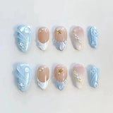 24pcs Pink Spring Summer Nail Art French Edge Fake Nails Sweet Pearl Star Shell False Nails 3D Flower Press on Nails Almond Nail