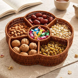 Imitation Rattan Serving Tray Round Shape Multi Compartment Snack Basket Sturdy Frame Hand‑Woven Dry Fruit Plate