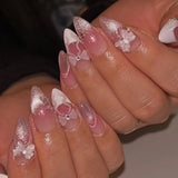 Popxstar 24pcs White Flower Fake Nail Tips Ins Yellow Pink Blush False Nails Wearable Full Cover European Almond Shaped Press on Nails