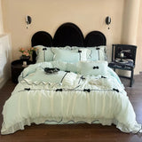 Popxstar Romantic Lace Princess Black Bow Bedding Set Pink Korean Style Duvet/Comforter Cover Set Bed Sheet/Fitted Sheet Pillowcases 4Pcs