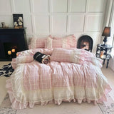 Popxstar  Vintage French Plaid Lace Ruffles 100% Cotton Bedding Set Duvet Cover Set Bed Sheet/Bed Skirt/Fitted Sheet Pillowcases 4Pcs