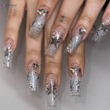 Popxstar  24Pcs Y2K Nails Tips Long Coffin Star Designs Diamond Fake Nails Full Cover Press on Nail Clear Acrylic Stick-on Nails for Girls