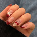 Popxstar  24pcs Love Bow Design Press on Nails Sweet Red Long Almond Fake Nails Tips Reusable Simple Star Valentine's Day False Nail Sets