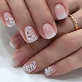 Popxstar 24pcs Fashion Nude Fake Nails White Lines French Design Ballet Press on Nails Mid-length Simple Ins Square Fake Nail Reusable