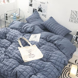 popxstar INS Girl Blue Bedding Sets Solid Color Seersucker Ruffles Lace  Kawaii Soft Sheet Woman Duvet Cover Pillow Covers Quilt Cover