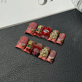 10pcs Duck Bill Press on Nails Sweet Cool French Fake Nails Patch 3D Black Flower Stick on Nails Metal Pearl Vintage False Nail