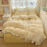 Popxstar  New cream lace girl powder grid Korean version bed four-piece set washed cotton double-layer yarn quilt cover dormitory