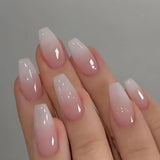 Popxstar 24pcs Gradient Fake Nails French Ballerina Nail Waterproof Faux Medium Coffin false nails Fingernails Press on Nails Tips
