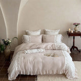 Flowers Embroidery Pleated Ruffles Bedding Set Double Layer Crepe Yarn 100% Cotton Duvet Cover Flat/Fitted Sheet Pillowcase 4Pcs