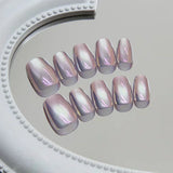 Popxstar  10Pcs Short Handmade Cat‘s Eye Press on Nails Ballet Full Cover French Design Coffin Cute Fake Nail Manicure Wearable Nail Tips