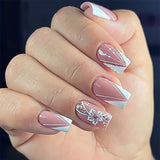 Popxstar  24pcs Wearable Mid-length Square False Nails Art Simple Flower Design Fake Nail Tip Shiny Powder White French Press on Nails Set