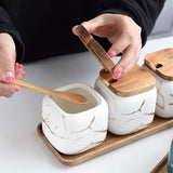 Popxstar  Creative Nordic Style Marble Pattern Ceramic Kitchen Seasoning Tank Set Wooden Cover Salt Shaker Spice Jar Kitchen Accessories