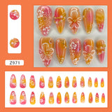 Popxstar 24pcs White Flower Fake Nail Tips Ins Yellow Pink Blush False Nails Wearable Full Cover European Almond Shaped Press on Nails