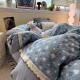 3/4Pcs Bedding Set Korean Lace Trim Purple 2-Seater Bed Down Duvet Cover Queen Sheets Bed Linen Cotton Full-Size Four-Season