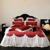 Popxstar  4Pcs French Princess Style Carved Velvet Warm Winter Bedding Set Large Lace Ruffle Duvet Cover Flat/Fitted Bed Sheet Pillowcases